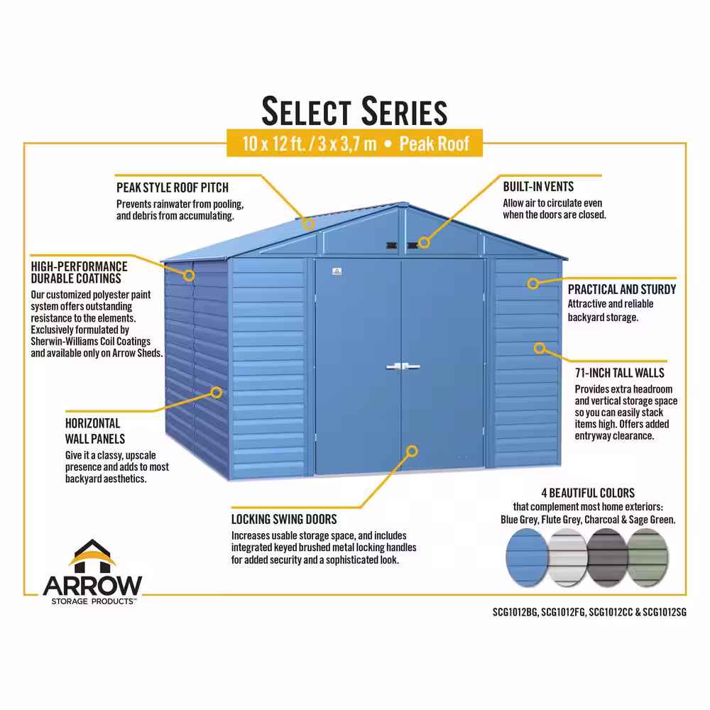 Arrow Select 10 ft. W x 12 ft. D Sage Green Metal Shed (115 sq. ft.)