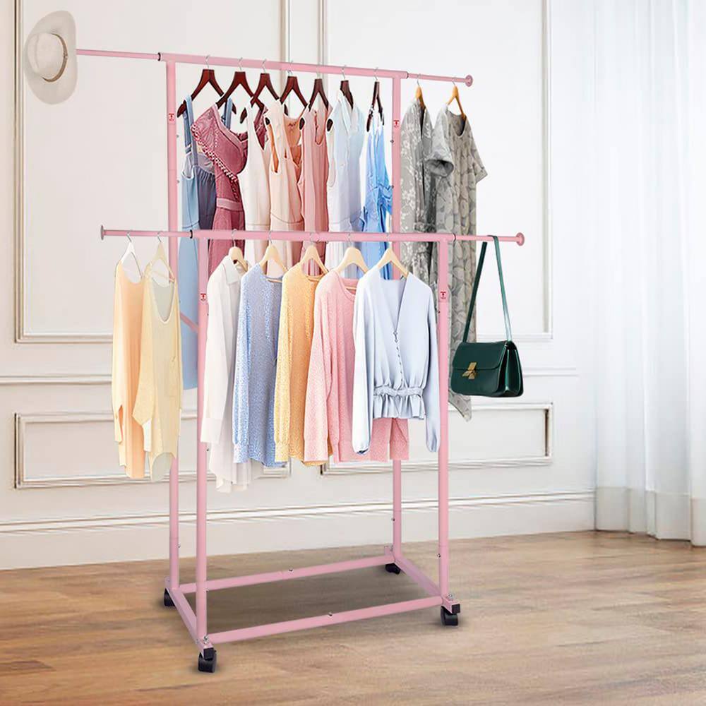 None Pink Metal Garment Clothes Rack Double Rod 48 in. W x 65 in. H