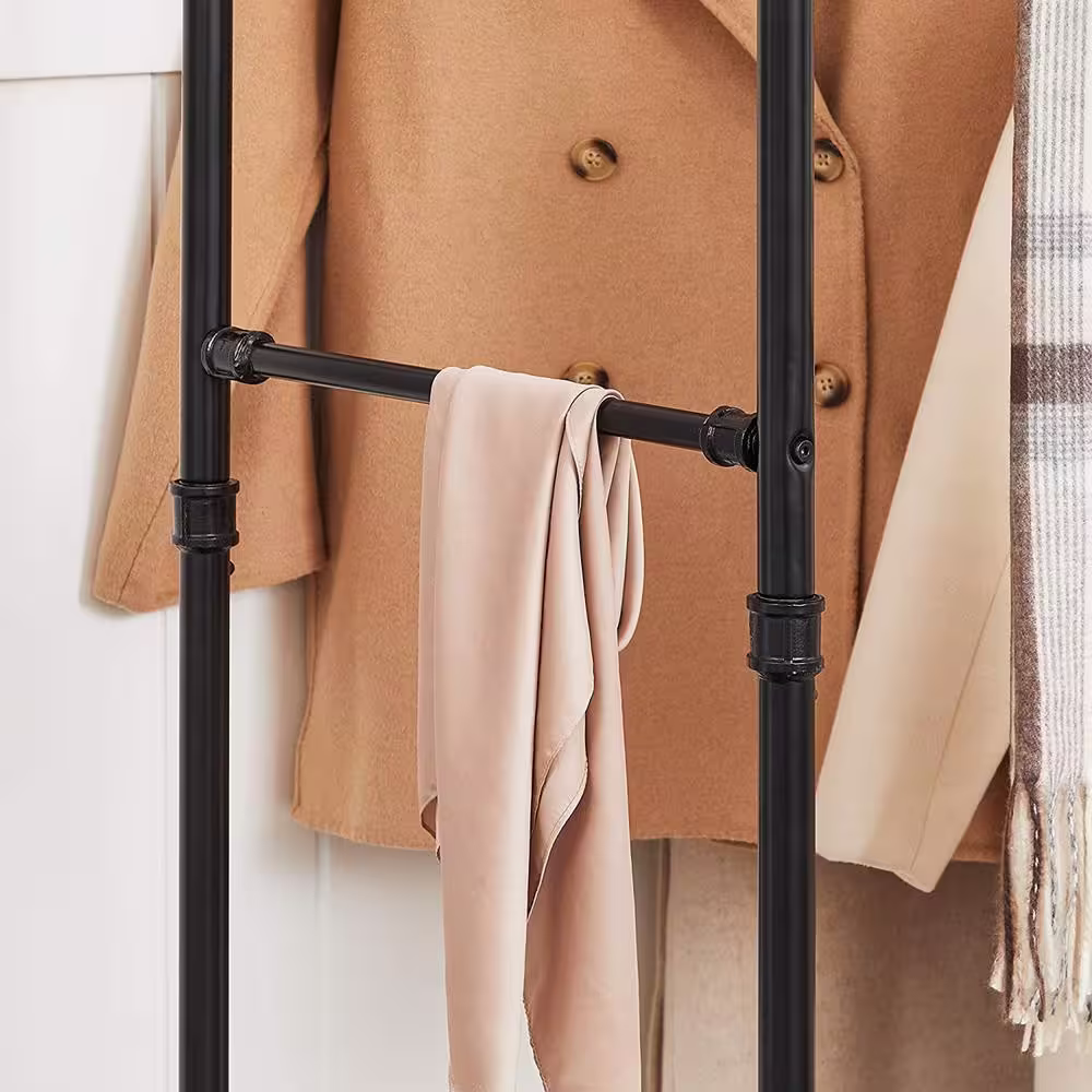 None Black Metal Garment Clothes Rack Double Rods 39 in. W x 63 in. H