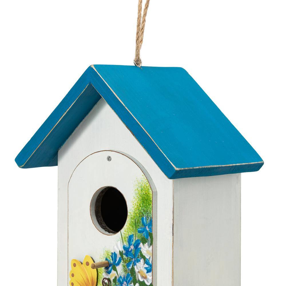 Glitzhome 11.75 in. H Distressed Solid Wood Daisy with Butterfly Birdhouses