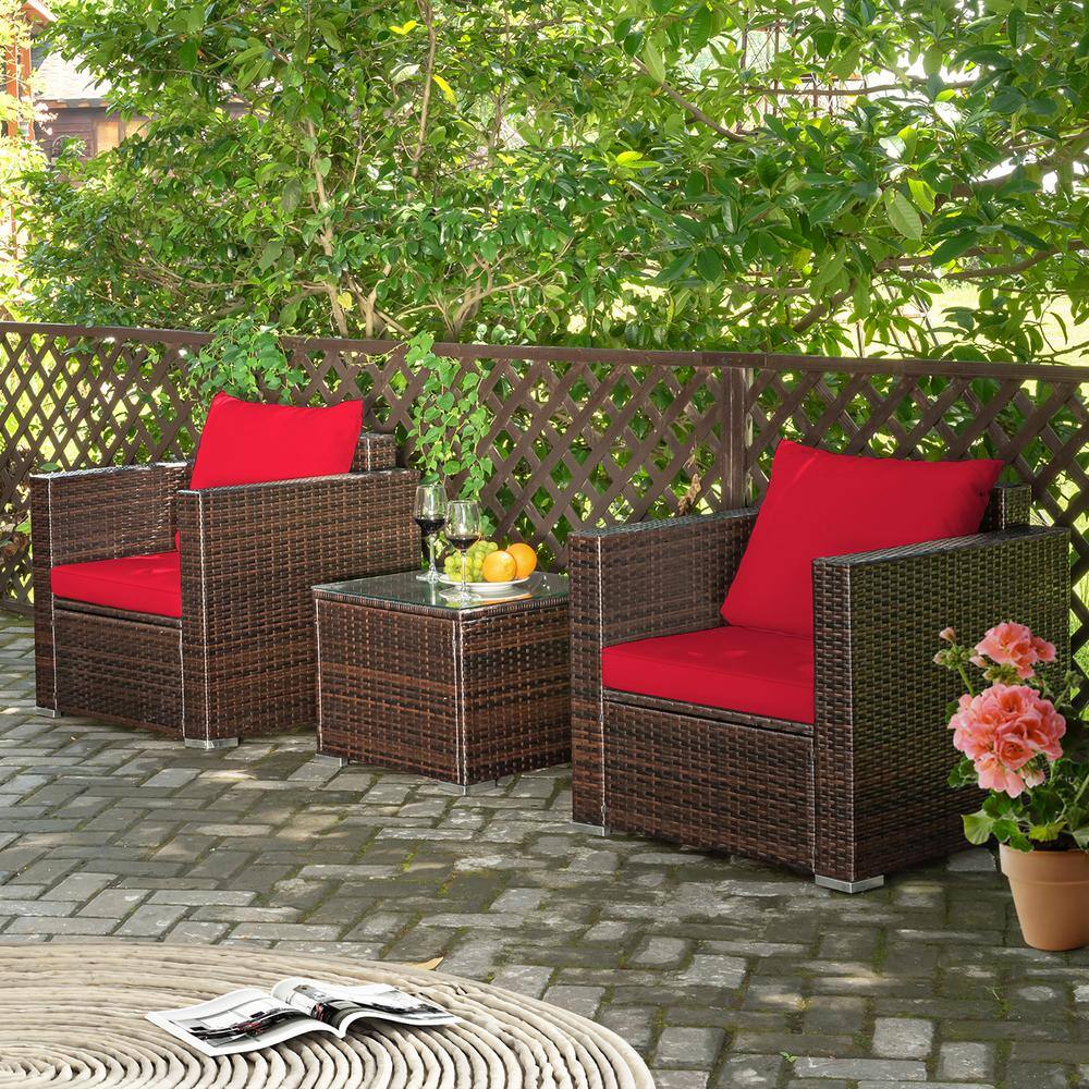 Costway Brown 3-Piece Wicker Patio Conversation Set Garden with Red Cushions