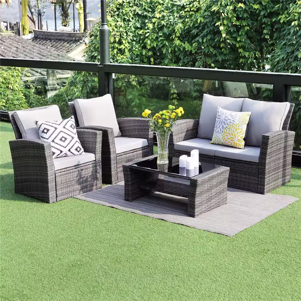 SUNVIVI 4-Piece PE Rattan Wicker Outdoor Patio Furniture Set in Grey