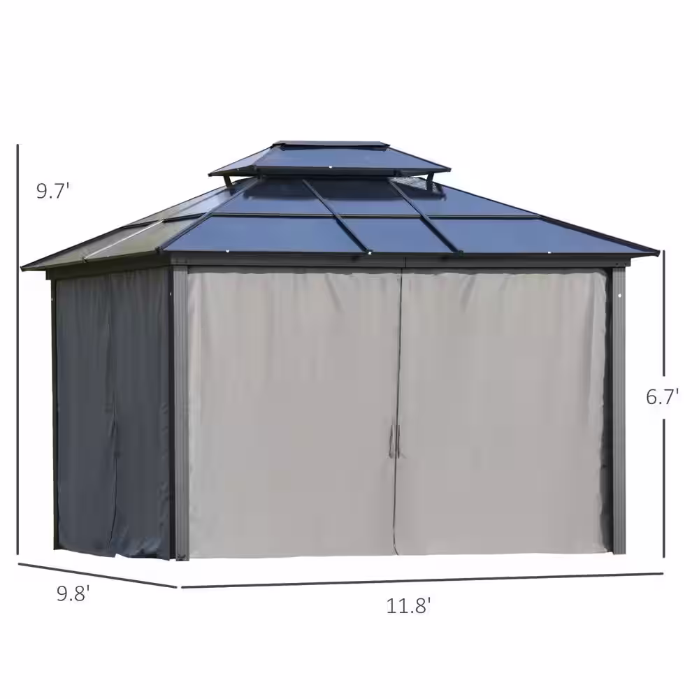 Outsunny 10 ft. x 12 ft. Black Polycarbonate Hardtop Patio Gazebo with Double-Tie Roof and Sidewall Nettings