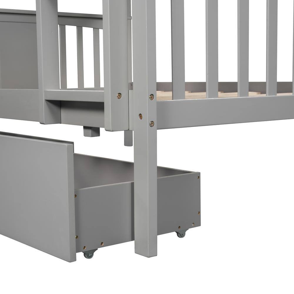 Harper & Bright Designs Gray Full Wood Bunk Bed with Drawers and Ladder