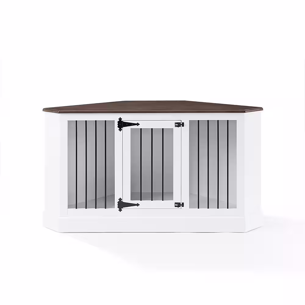 CROSLEY FURNITURE Winslow 53.25 in. White Triangle Composite Top Console Table with Dog Crate