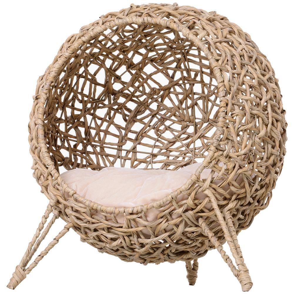 PawHut 20.5 in. H Rattan Cat Bed, Elevated Wicker Kitten House Round Condo with Cushion, Natural