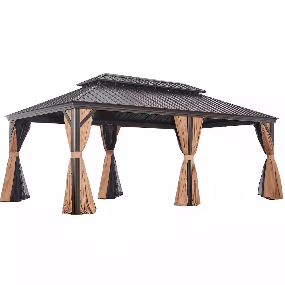None 12 ft. x 20 ft. Hardtop Gazebo Double Roof Aluminum Frame with Privacy Curtain and Mosquito Net