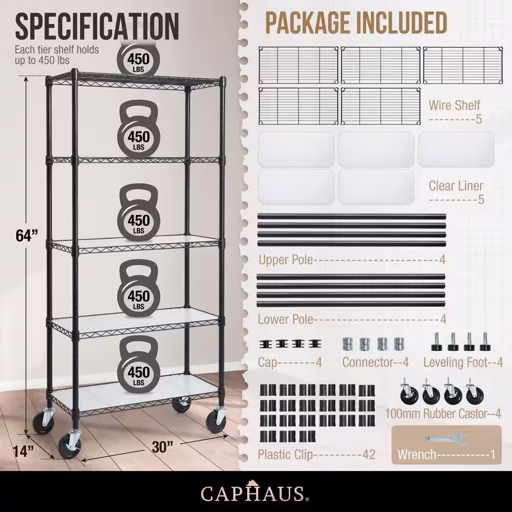 None Black 5-Tier Adjustable Welded Steel Heavy Duty Garage Storage Unit Shelving with Liner (30 in. W x 60 in. H x 14 in. D)