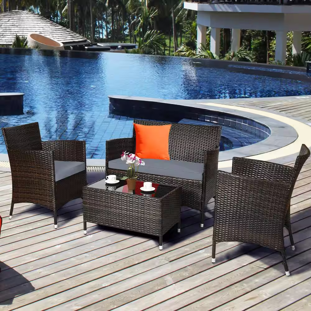 None 4-Piece Metal Wicker Patio Conversation Set with Gray Cushions