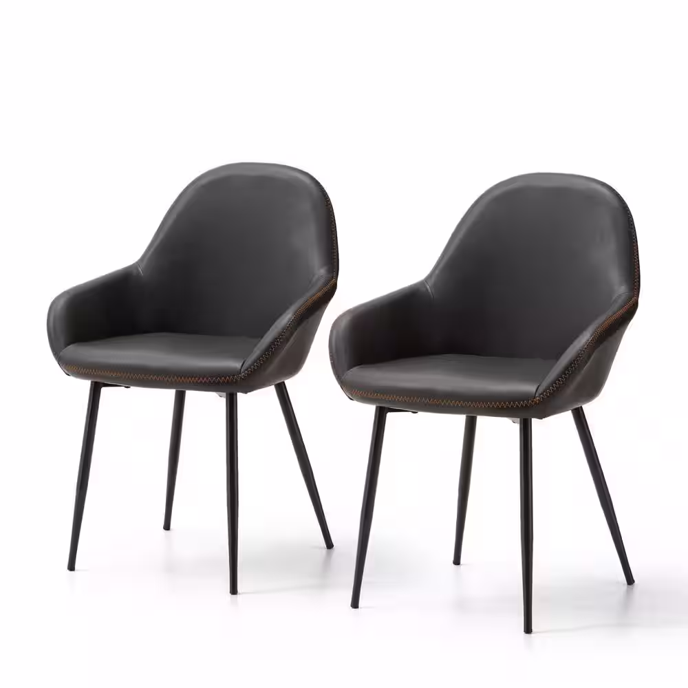 Glitzhome S/2 Mid-Century Modern Vintage Gray Leatherette Dining Arm Chair