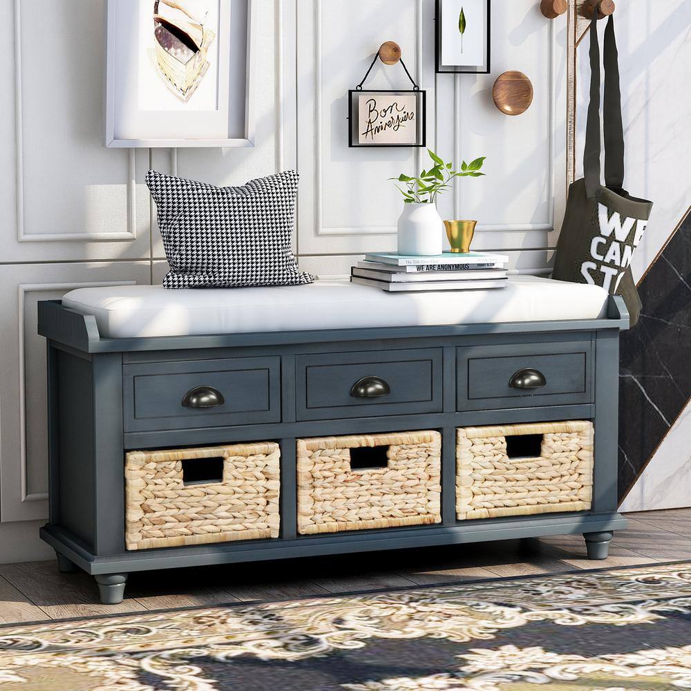 aisword Rustic Storage Bench Entryway Antique Navy with 3-Drawers and 3 Rattan Baskets, Shoe Bench for Living Room
