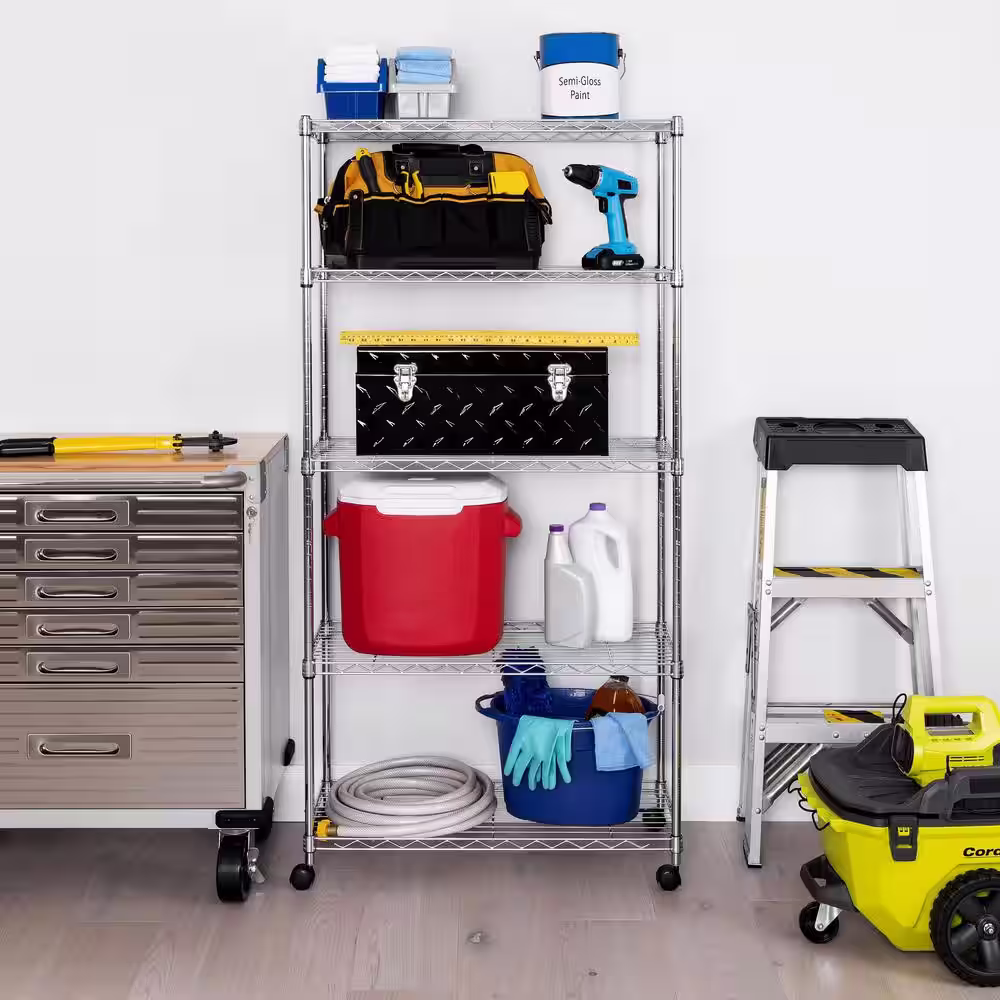 Seville Classics Silver 5-Tier Steel Wire Shelving Unit with Wheels (30 in. W x 60 in. H x 14 in. D)