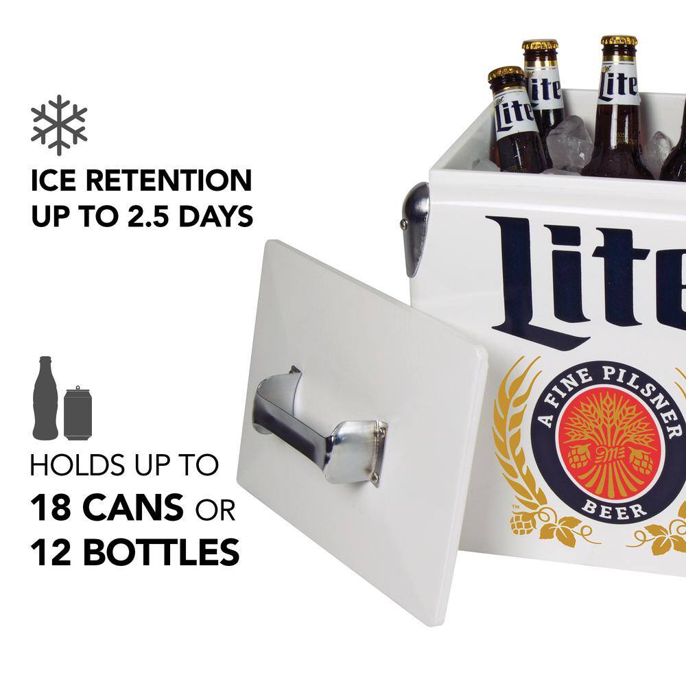 Koolatron Miller Lite Retro Ice Chest Beverage Cooler with Bottle Opener 13L (14 qt.) 18 Can, White and Blue