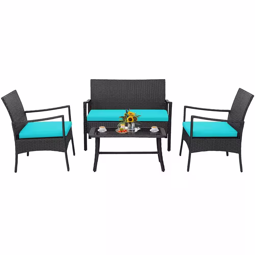 Costway 4-Pieces Patio Wicker Furniture Conversation Set with Turquoise Cushions Chairs and Loveseat Coffee Table Garden