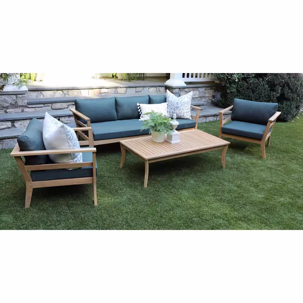 Canopy Bismarck 4-Piece Teak Conversation Set with Cast Lagoon Cushions