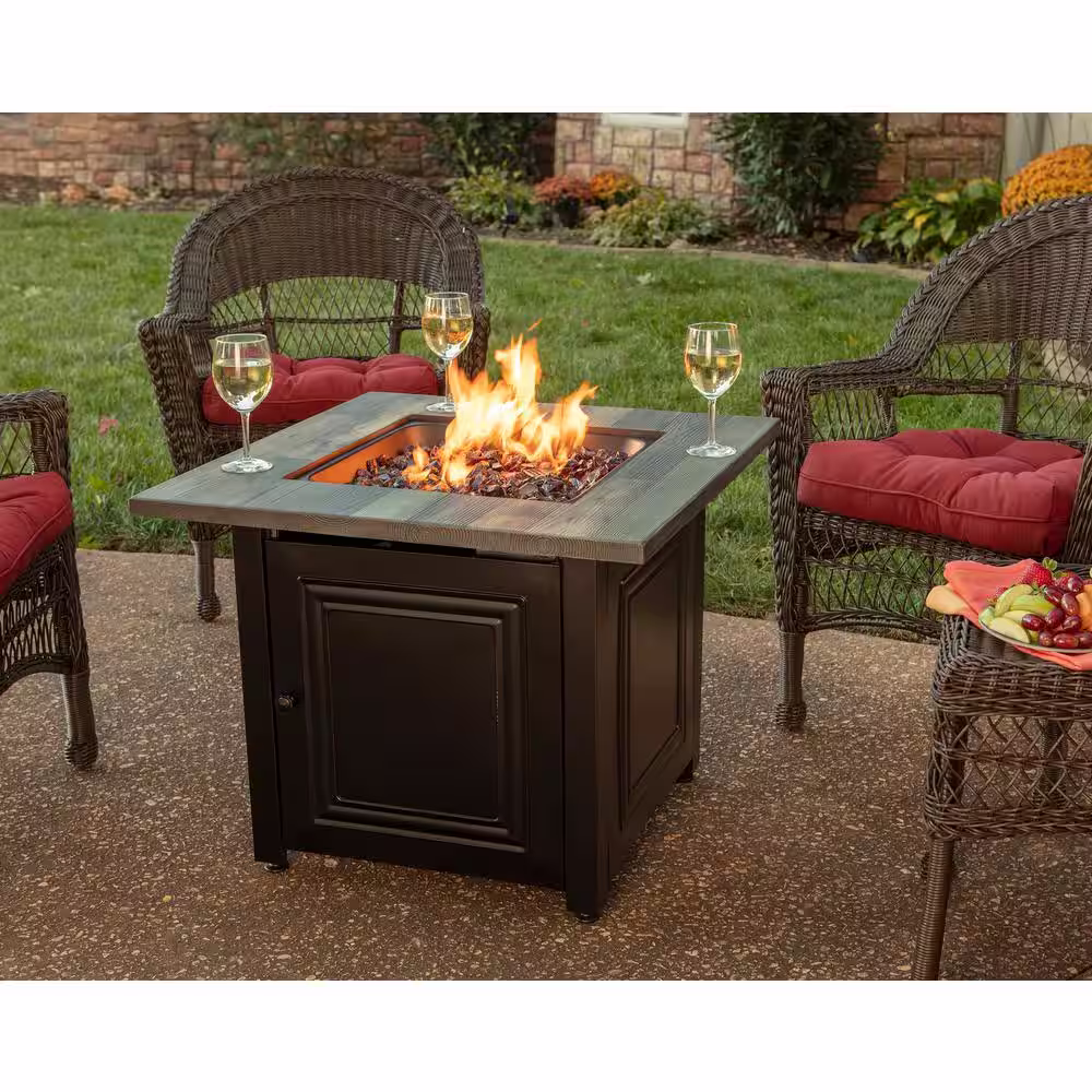 Endless Summer 30 in. W x 25.4 in. H Square Steel Frame and Wood Grain Print Resin Mantel LP Gas Fire Pit with Integrated Ignition