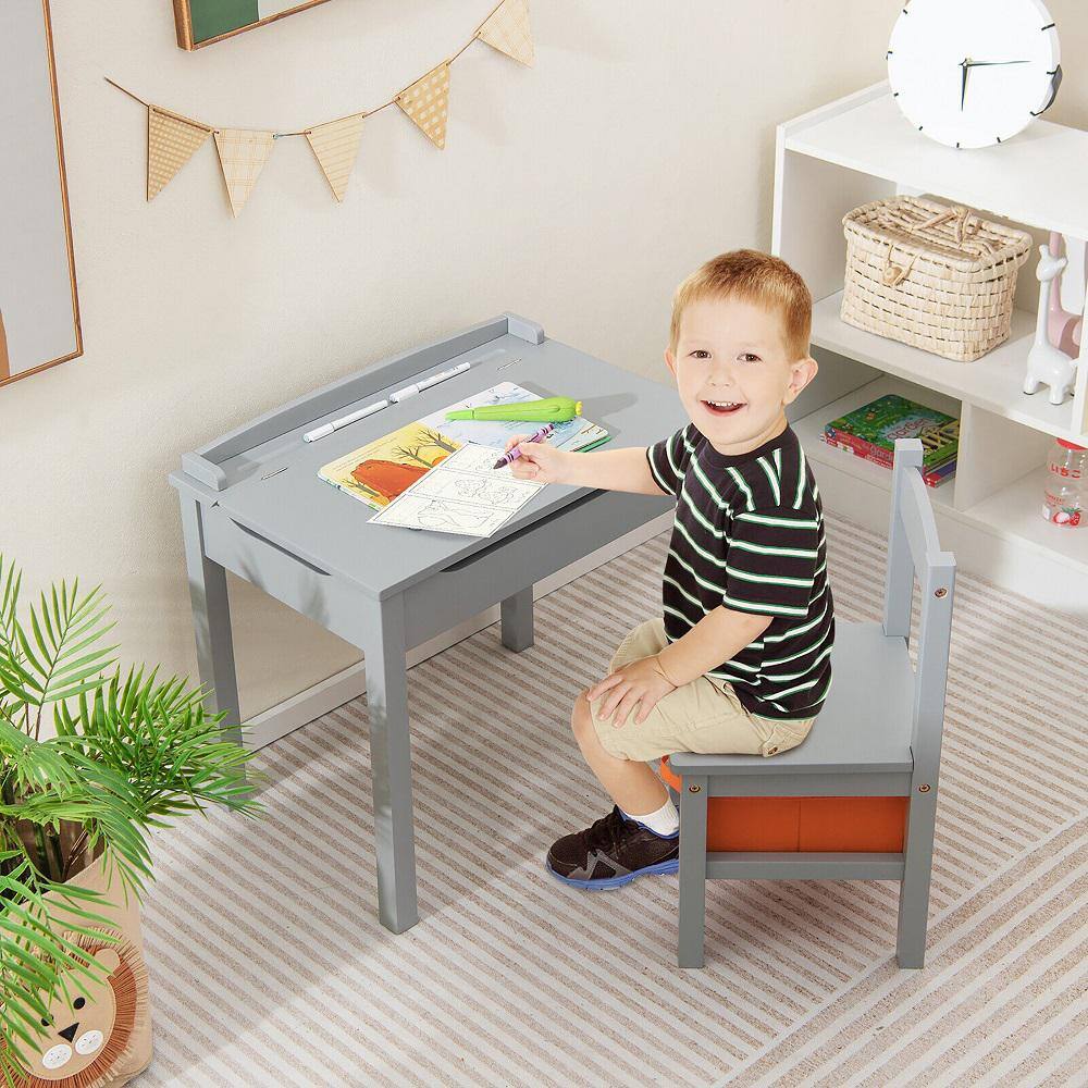 None 1-Piece Wooden Top Grey Kids Table and Chair Set Activity Study Desk w/Storage Drawer Hook