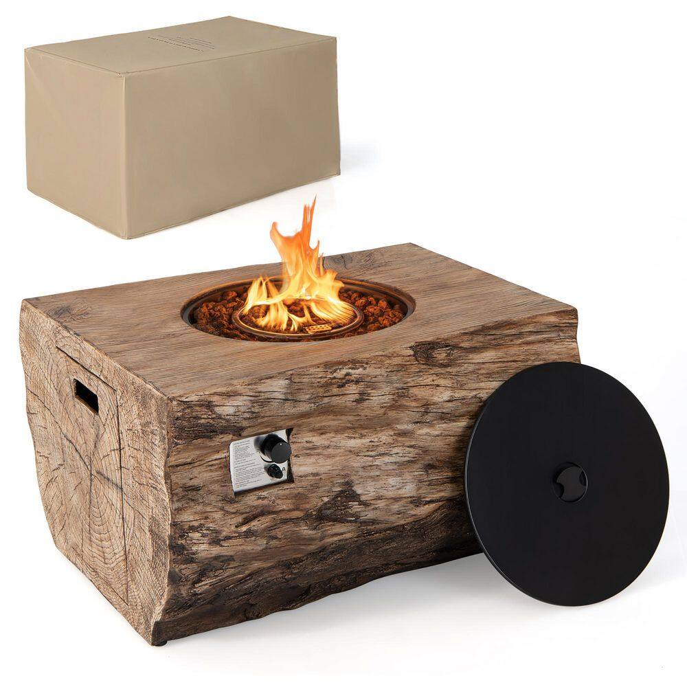 None Rectangle Propane 40 in. Stone Metal Fire Pit Table Wood-Like Surface with Lava Rock PVC Cover