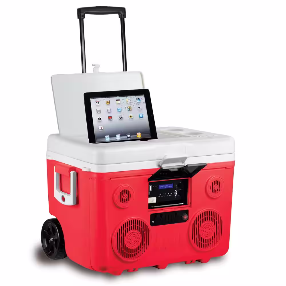 TUNES2GO KoolMax 40 Qt. Red Wheeled Cooler, Bluetooth PA System and Power Station