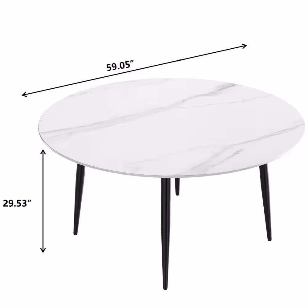 Magic Home 59.05 in. Modern Round Dining Table White Sintered Stone Tabletop Dining Table with Solid Black 4 Legs (Seat 8)