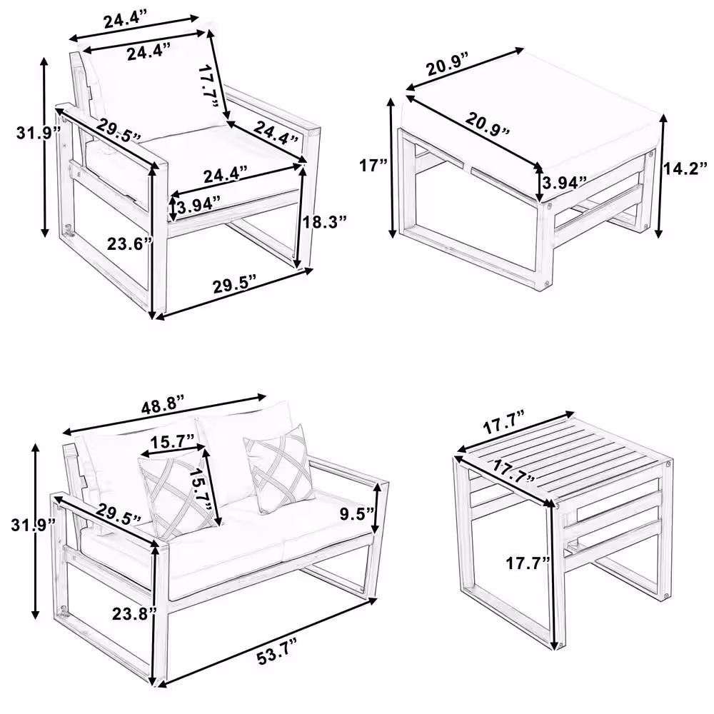None 6-Piece Acacia Wood Patio Conversation Sectional Seating Set with Beige Cushions and Ottomans