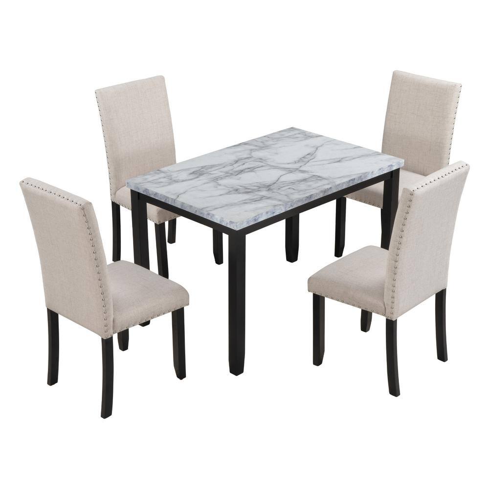 Harper & Bright Designs Faux Marble White 5-Piece Dining Set with Thick Cushion Chairs