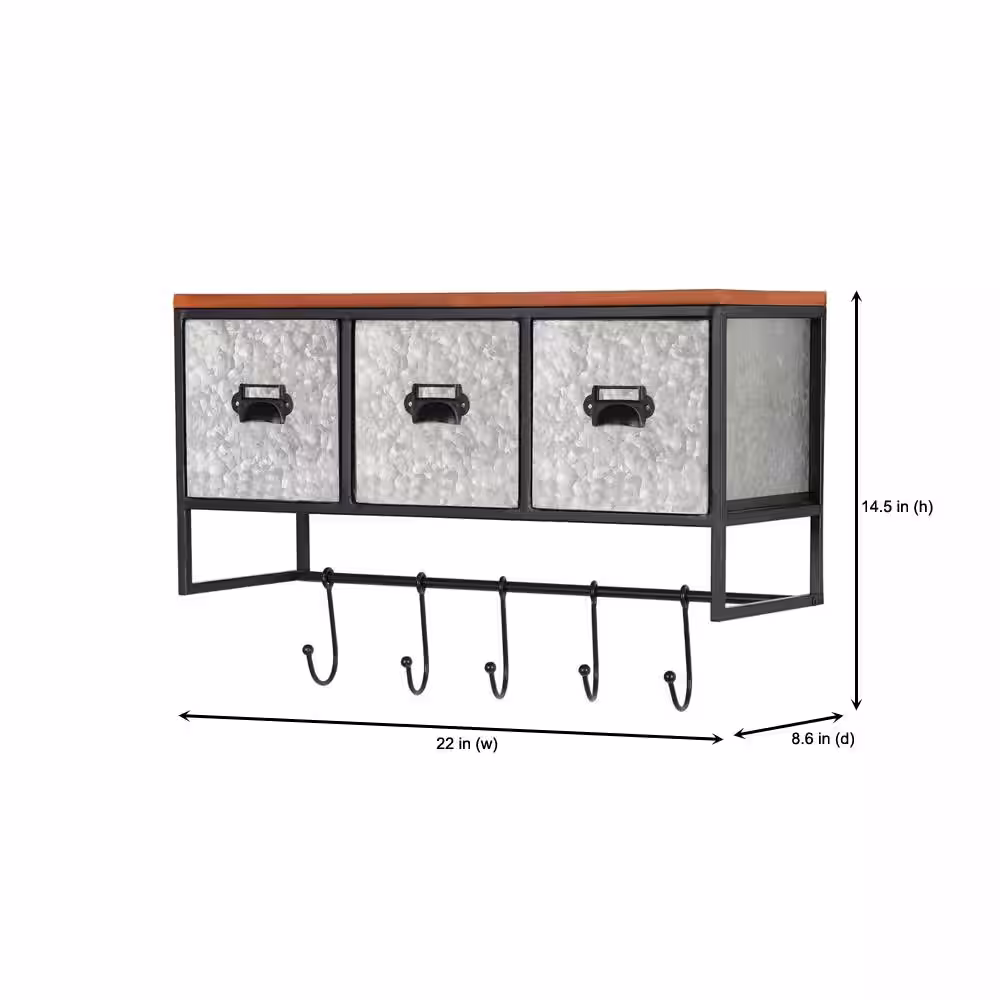 StyleWell 15 in. H x 22 in. W x 9 in. D Wood, Black and Galvanized Metal Wall Organizer with 3 Cubbies and 5 Hooks