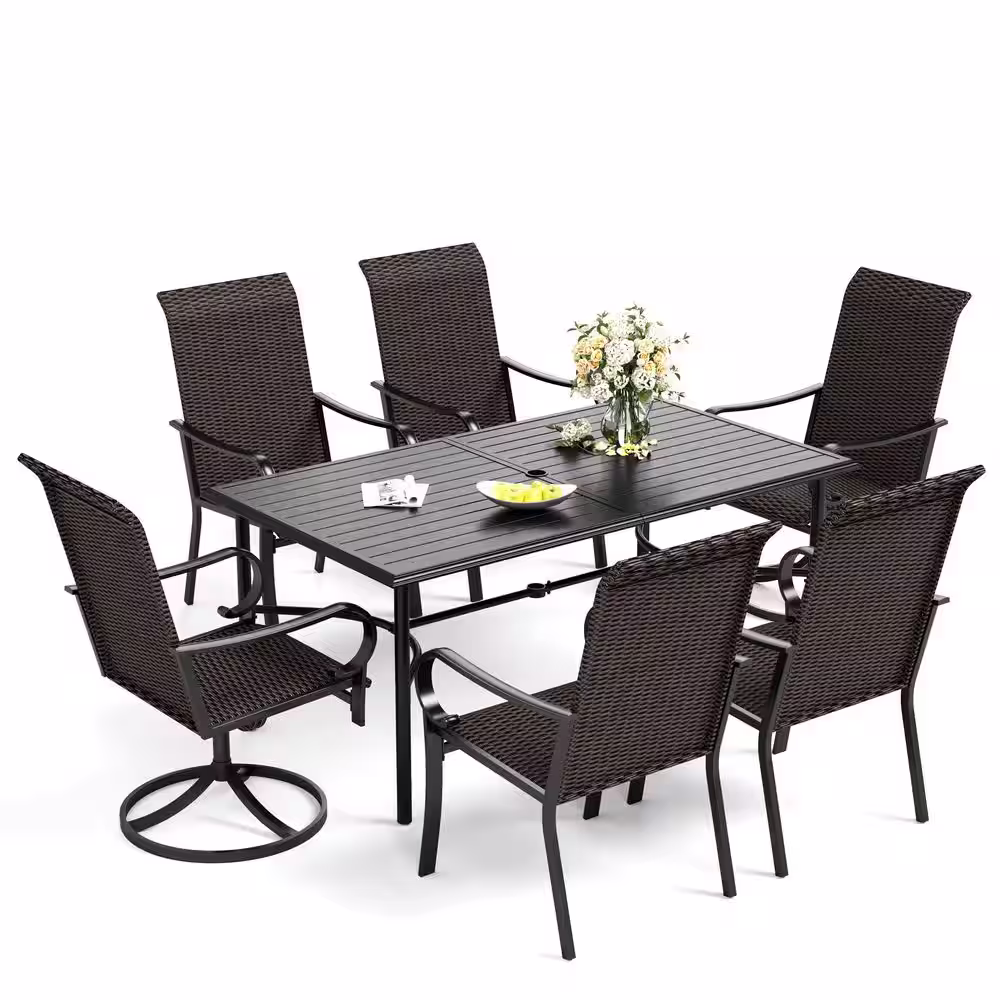 None Black 7-Piece Metal Outdoor Dining Set with Slat Table-Top and Curved Armrest High-Back Rattan Swivel Chairs