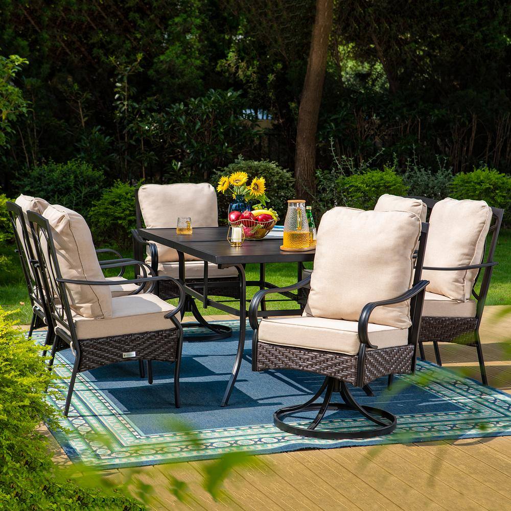 None 7-Piece Metal Patio Outdoor Dining Set with Rectangle Slat Table and Chairs with Beige Cushions