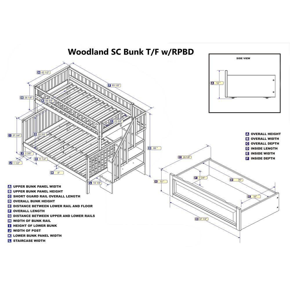 AFI Woodland Staircase Bunk Bed Twin over Full with 2 Raised Panel Bed Drawers in White