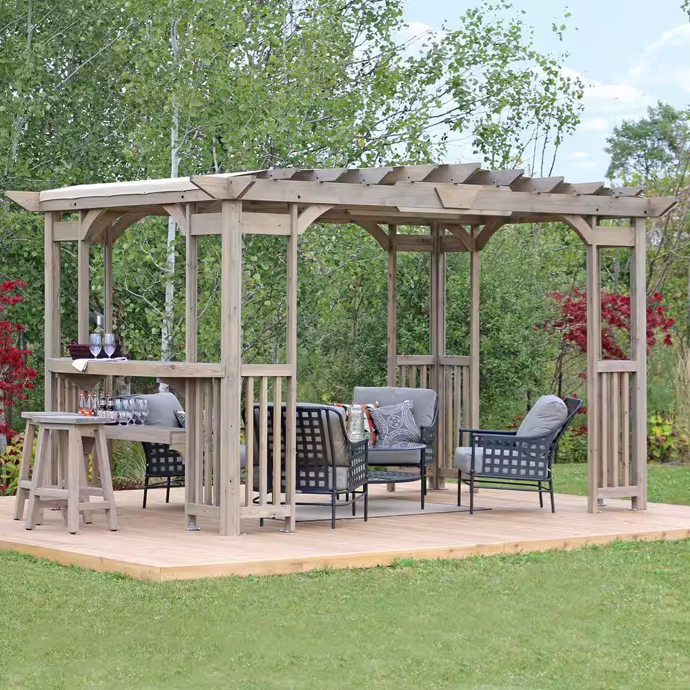 Yardistry Madison 10 ft. x 14 ft. Timber Gray Cedar Wood Backyard Patio Pergola Including UV Sun Shade, Counter, Bar and 2 Stools