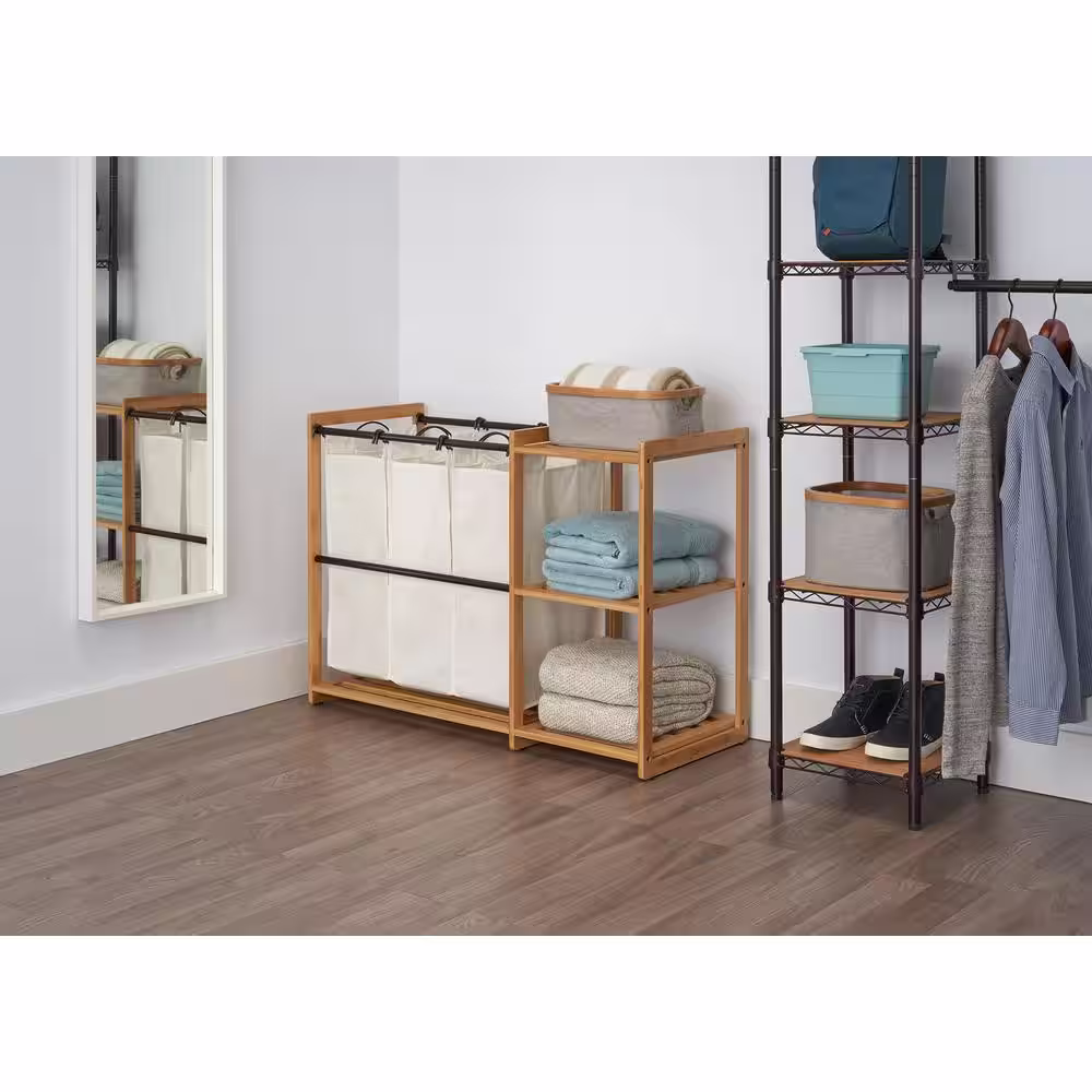 TRINITY 3-Bag Bamboo Laundry Station with Bronze Poles