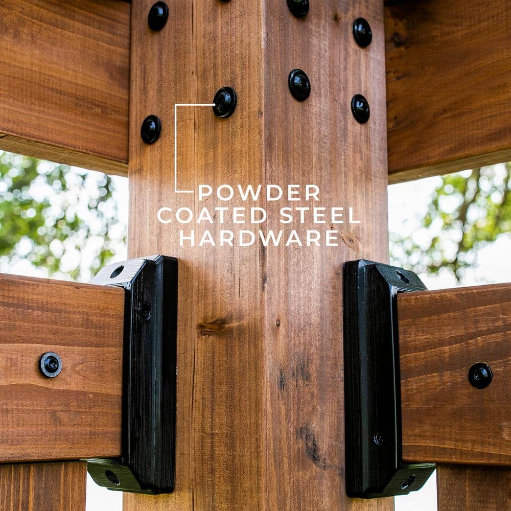 Backyard Discovery Tuscany 9 ft. x 9 ft. Light Brown Wooden Cabana Pergola with Bamboo Privacy Panels and Indigo Conversation Seating