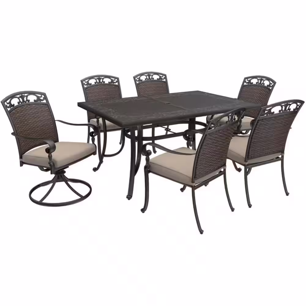 Home Decorators Collection Wilshire Heights 7-Piece Cast and Woven Back All Aluminum Outdoor Dining Set with Acrylic Cushions in Sand Dune