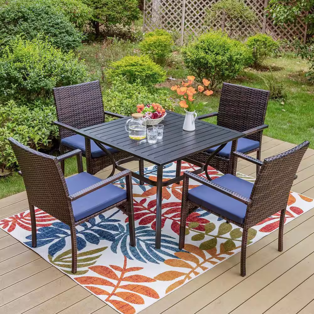 None 6-Piece Metal Patio Outdoor Dining Set with Square Table, Umbrella and Rattan Chair with Blue Cushion