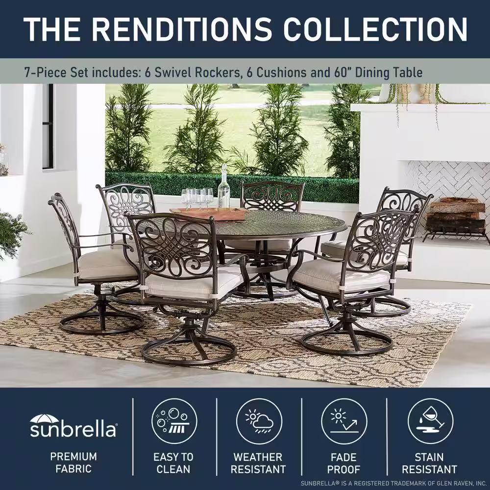 Agio Renditions 7-Piece Aluminum Outdoor Dining Set with Sunbrella Silver Cushions, 6 Swivel Rockers and 40 in. Table