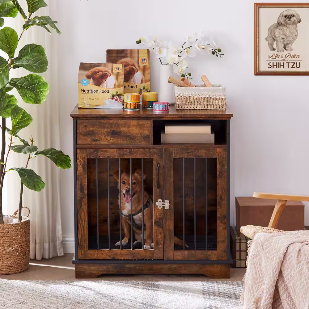 None Brown Dog Crates Indoor Pet Crate End Tables Decorative Wooden Kennels with Removable Trays
