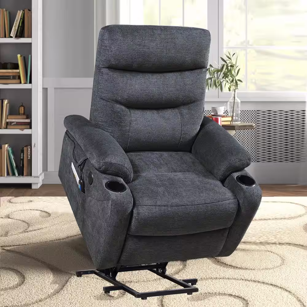Seafuloy Dark Gray Massage and Heat Electric Power Lift Recliner Chair with Cup Holders and USB Charge Ports