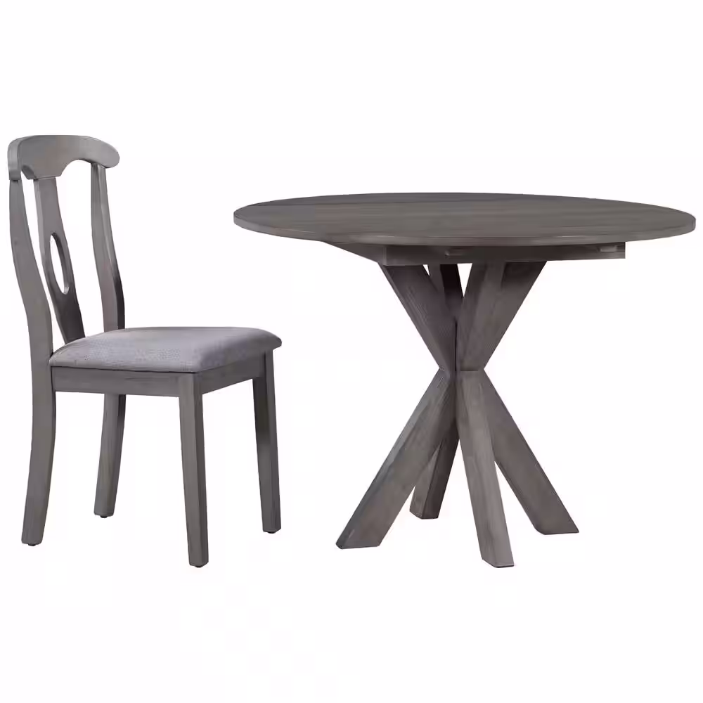 Harper & Bright Designs Rustic Farmhouse 5-Piece Gray Round Drop Leaf Wood Dining Table Set with 4-Padded Dining Chairs