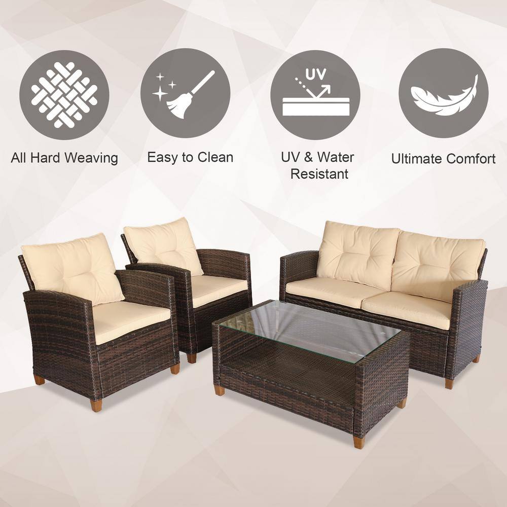 Outsunny Brown 4-Piece Iron Plastic Rattan Patio Furniture Set with Beige Cushions, 2-Single Chairs, Double Sofa and Tea Table
