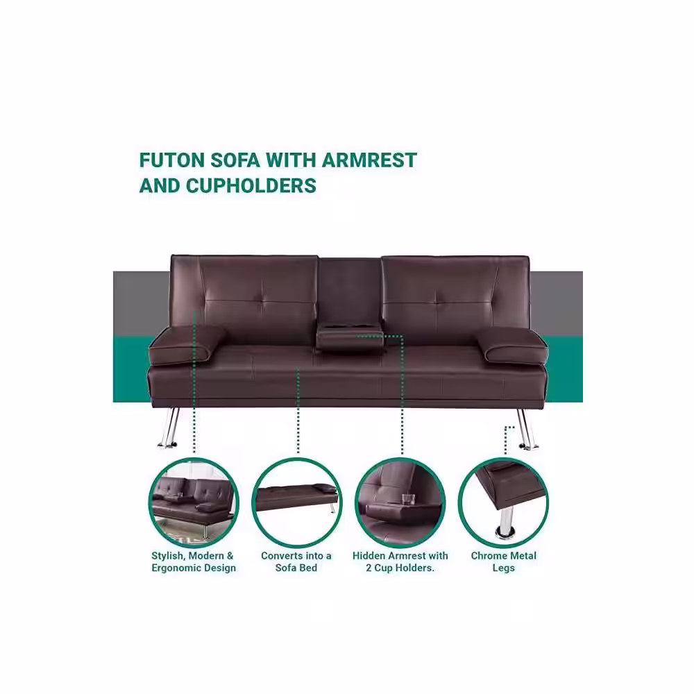 MAYKOOSH Espresso, Futon Sofa Bed Faux Leather Futon Couch with Armrest and 2-Cupholders, Sofa Couch Convertible with Metal Legs