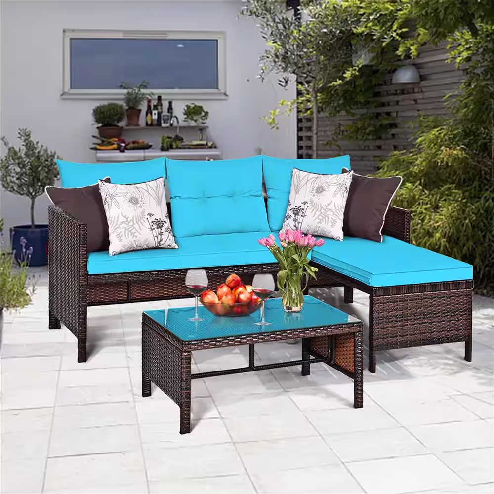 Costway Island 3-Piece Wicker Patio Conversation Set with Turquoise Cushions