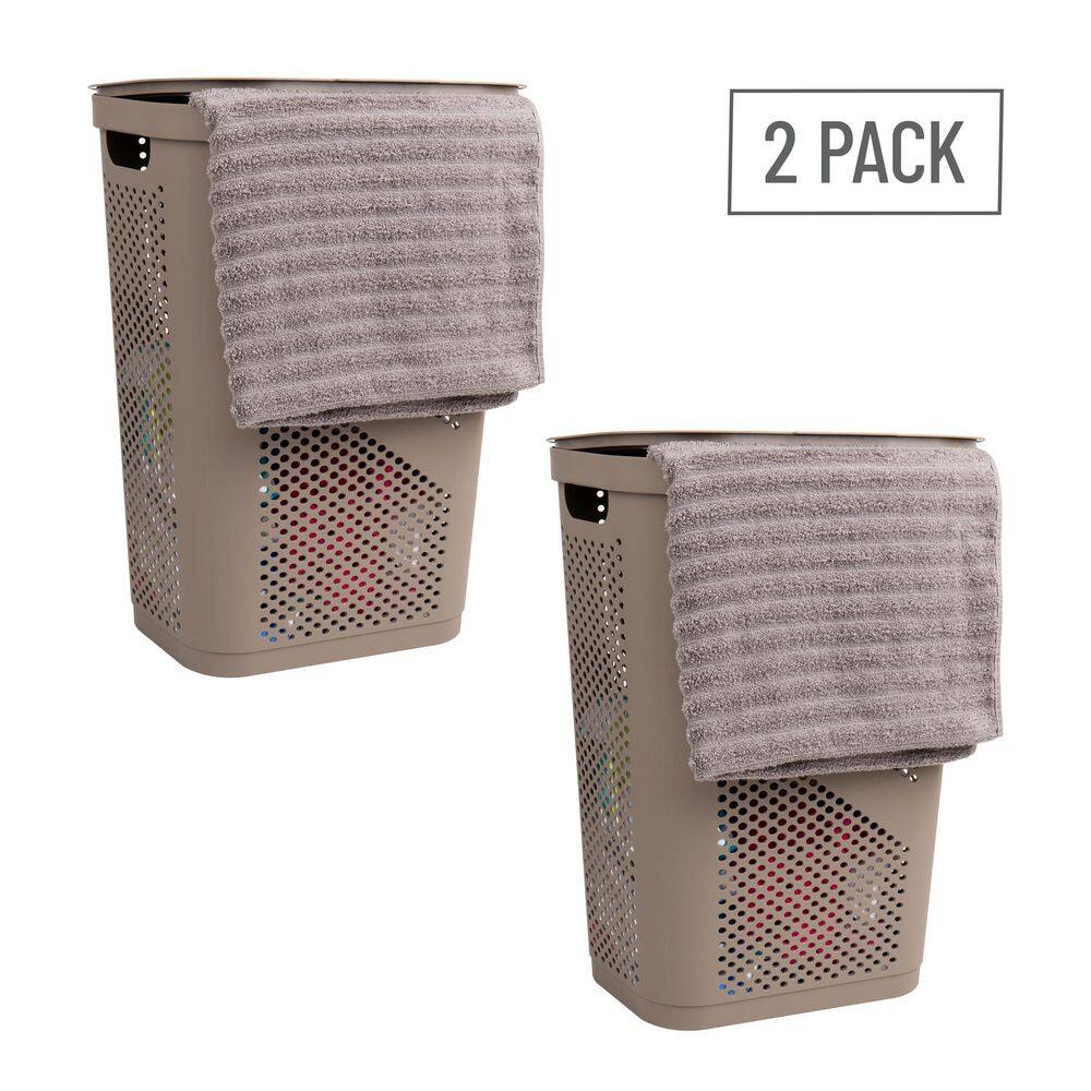 Mind Reader Basket Collection Laundry Hamper, 60 Liter (15kg/33lbs) Capacity, Cut Out Handles, Attached Hinged Lid, Set of 2, Tan