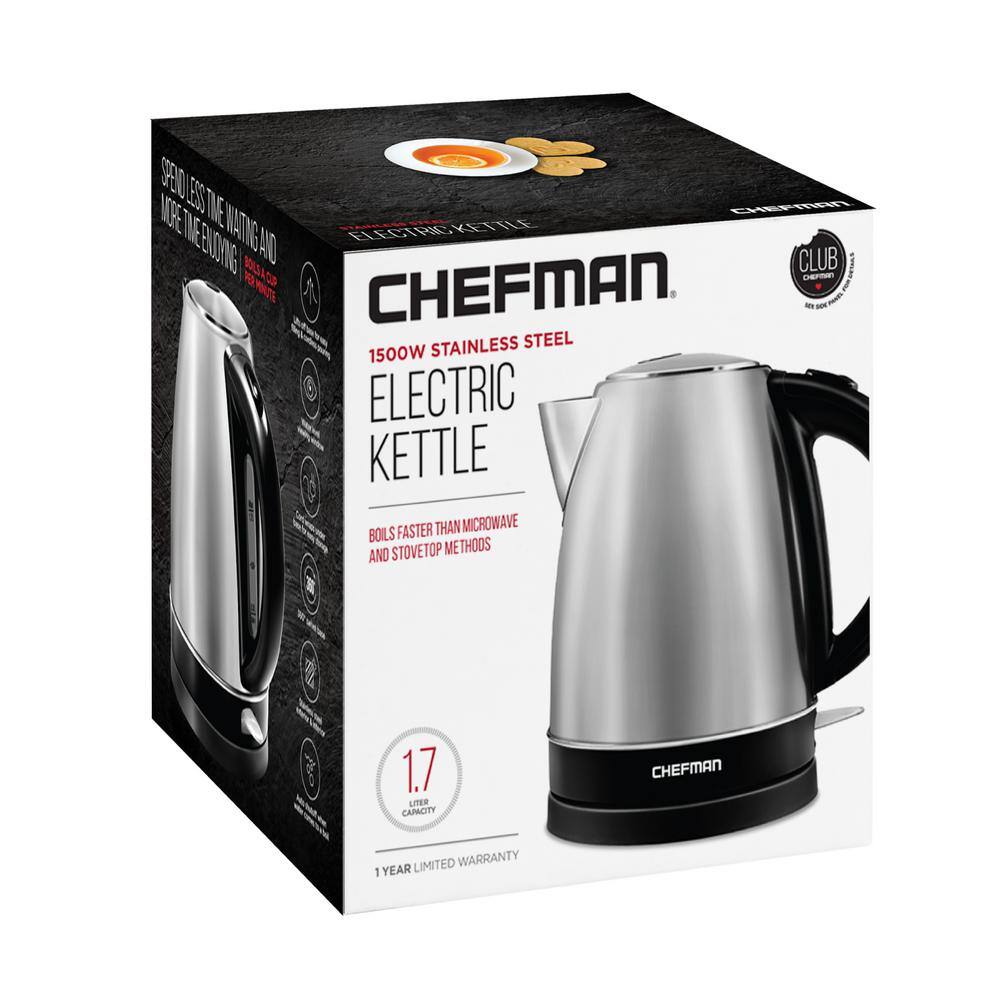 Chefman 7 Cup 1500W Stainless Steel Kettle with Auto Shut Off, 1.7L