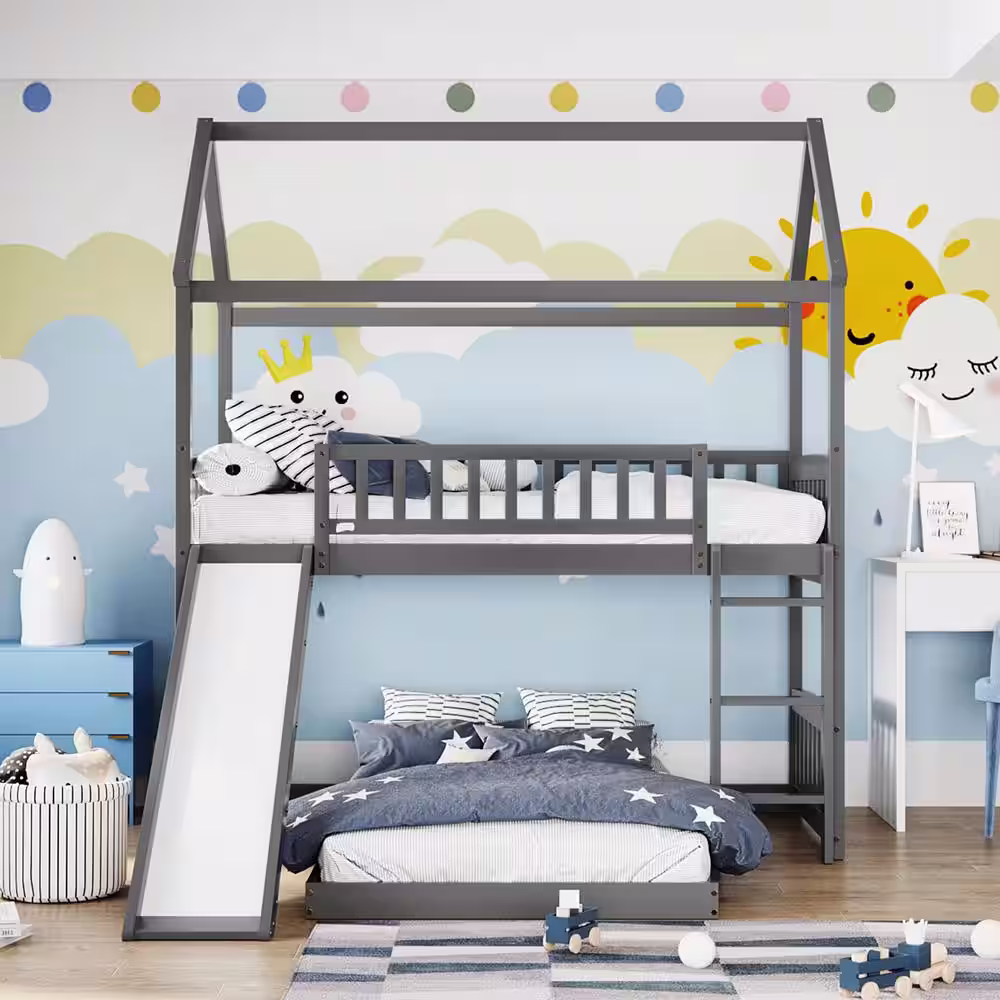 Harper & Bright Designs Gray Twin Over Twin Wood Bunk Bed with Slide and Ladder
