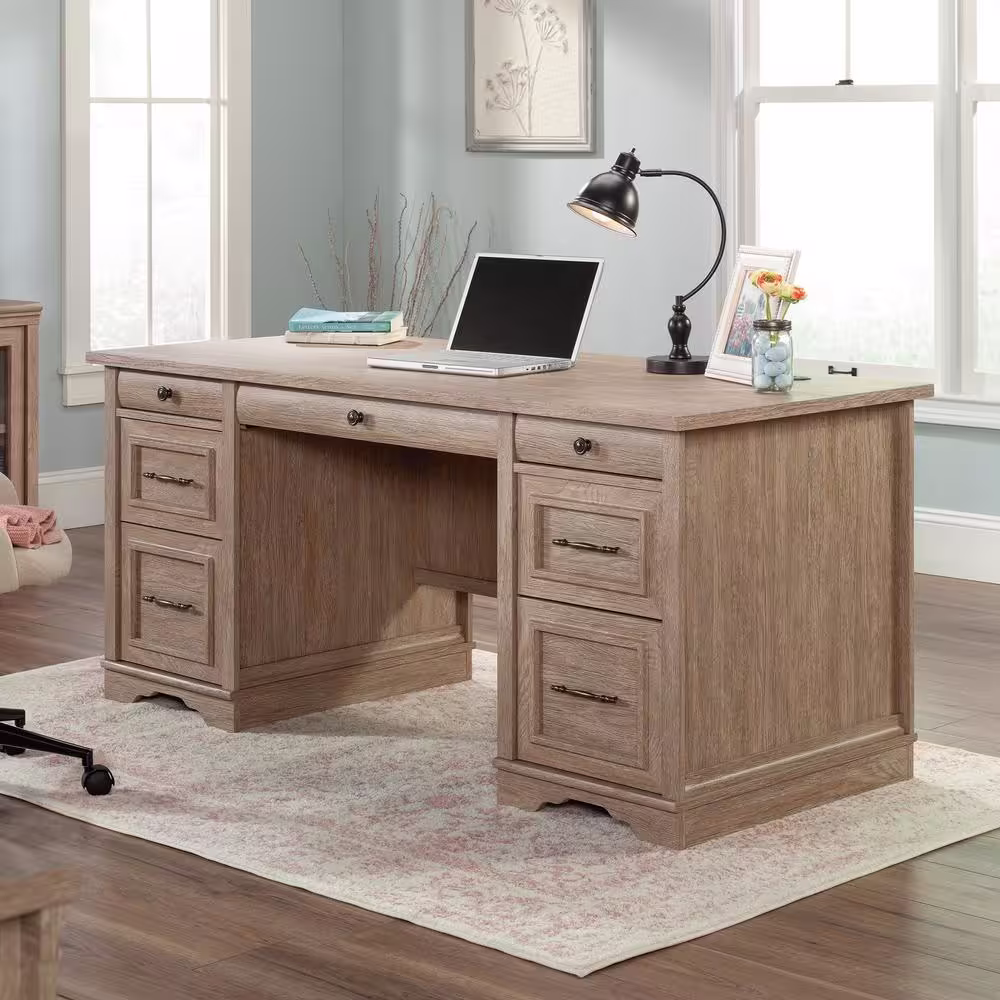 SAUDER Rollingwood Country 65.984 in. Brushed Oak 7-Drawer Executive Desk with Keyboard Shelf
