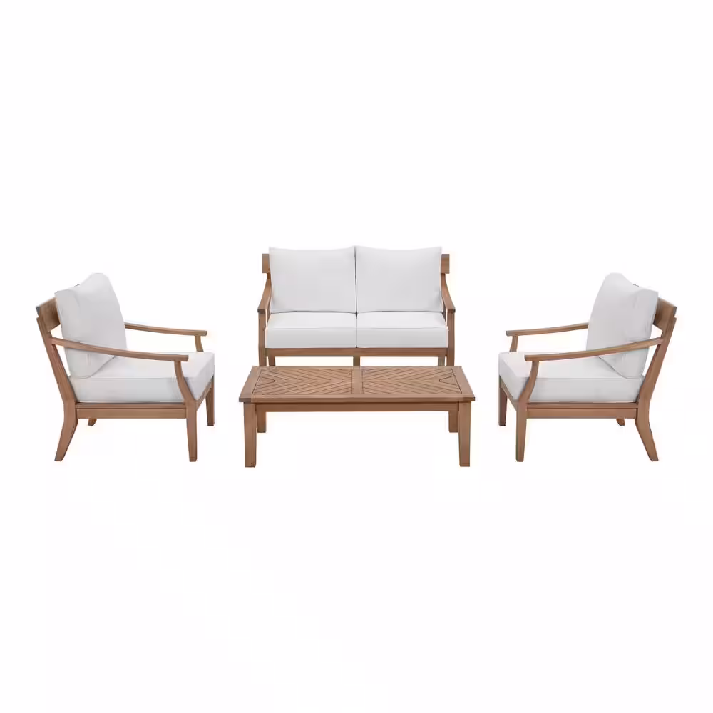 Hampton Bay Woodford 4-Piece Eucalyptus Wood Patio Conversation Set with Bright White Cushions