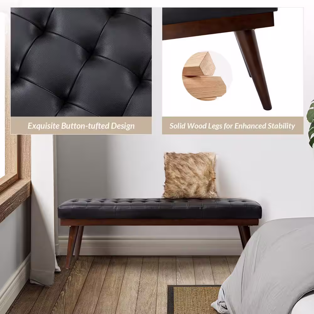 JAYDEN CREATION Paula 55.5 in. Wide Black Genuine Leather Bedroom Bench with Solid Wood Base