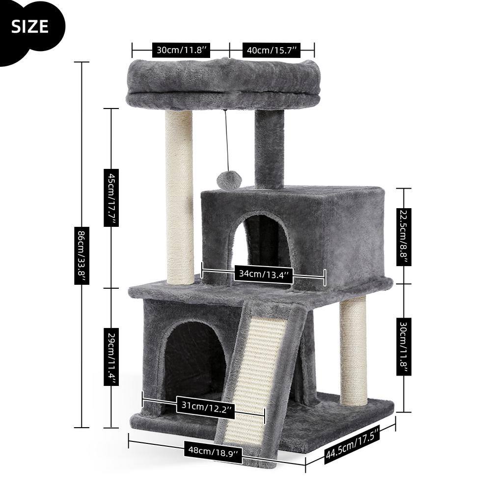 None 34 in. H Gray Cat Tree Cat Tower Double Condos Spacious Perch Wrapped Scratching Sisal Posts Replaceable Dangling Balls