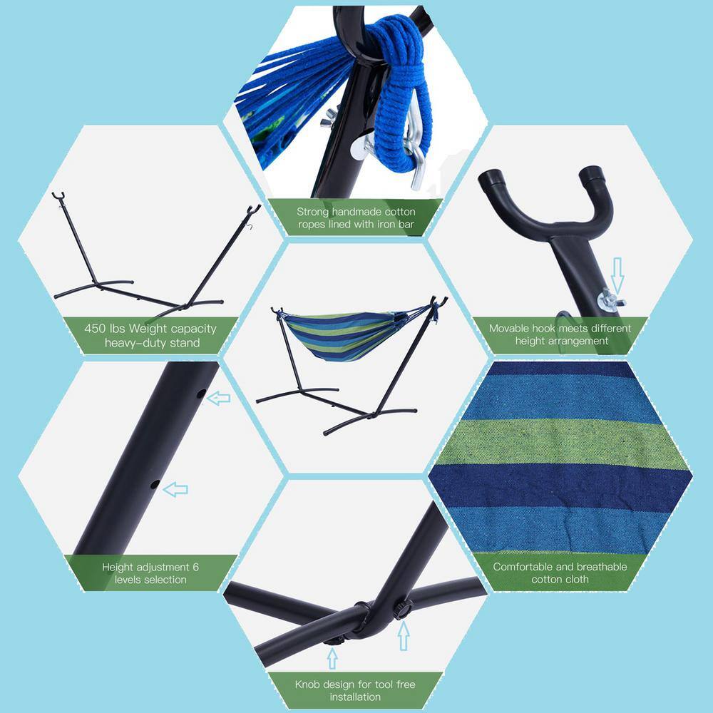 None 9.3 ft. Free Standing Hammock with Stand in Blue Green Striped